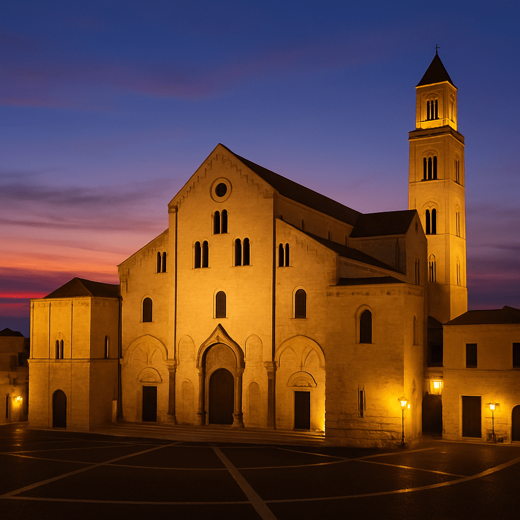 Panoramablick auf die Basilika San Nicola in der Abenddämmerung