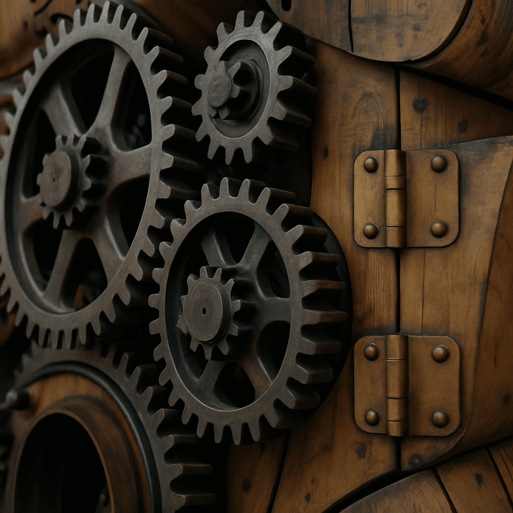 Close-up of the gears, wooden paneling, and hinges of the Elephant of Nantes