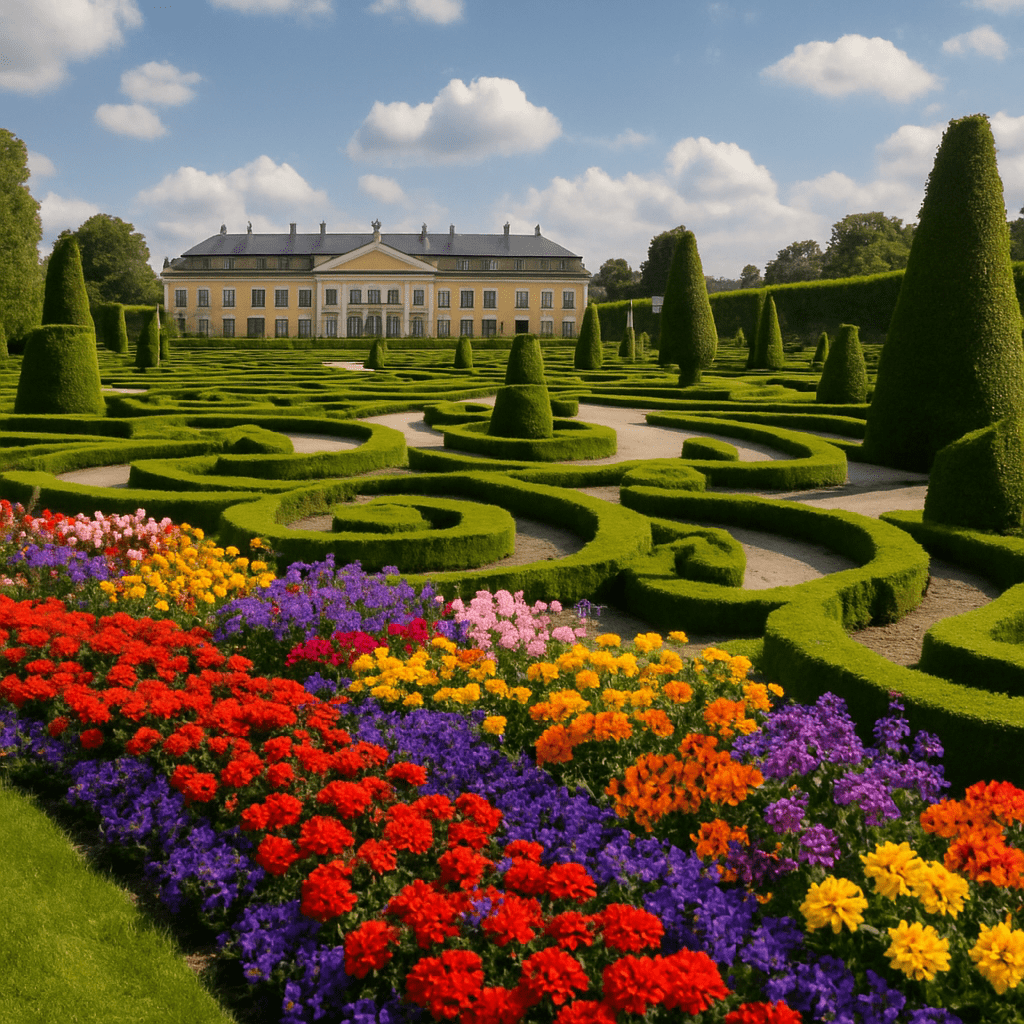 Ein beeindruckender Blick auf die Herrenhäuser Gärten mit blühenden Blumen und kunstvollen Hecken