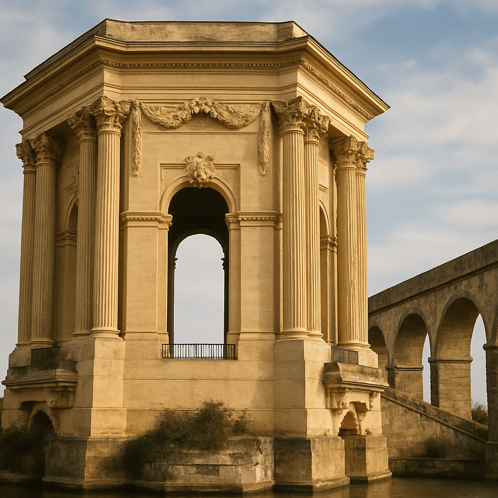 Close-up of the hexagonal Château d'eau with its Corinthian columns and the beginning of the aqueduct arches in the background.