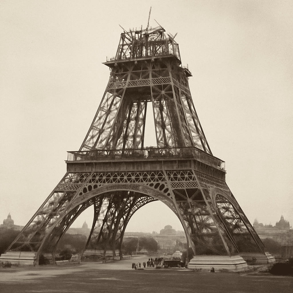 Historic photo of the Eiffel Tower under construction