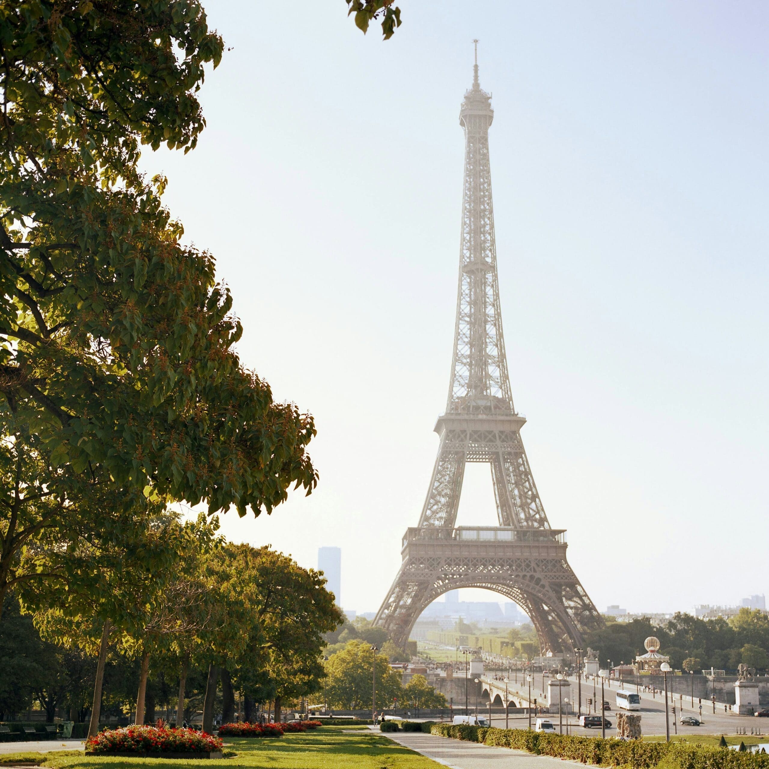 Eiffel Tower with surrounding gardens