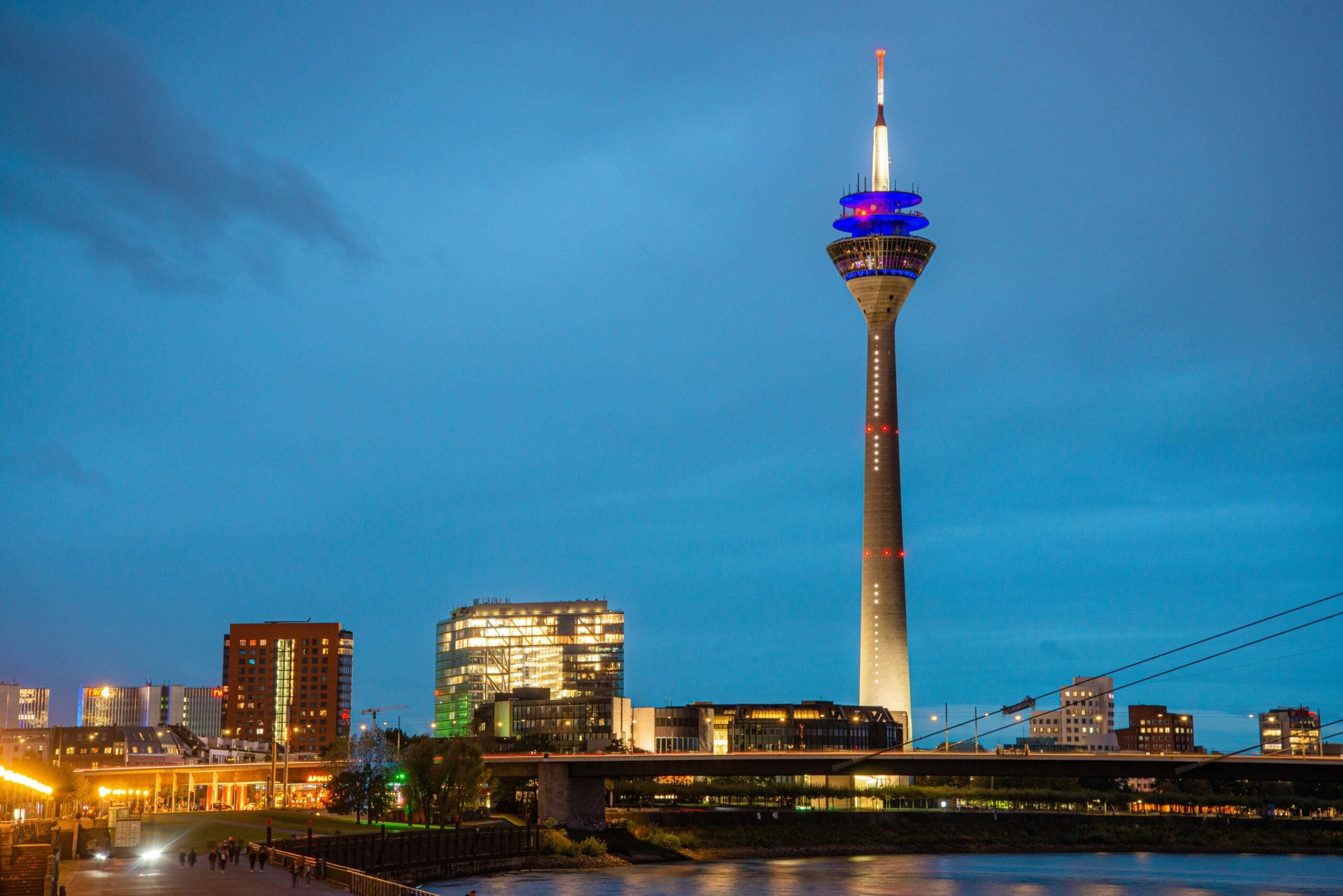 Düsseldorf skyline with Rhine Tower in the background at sunset
