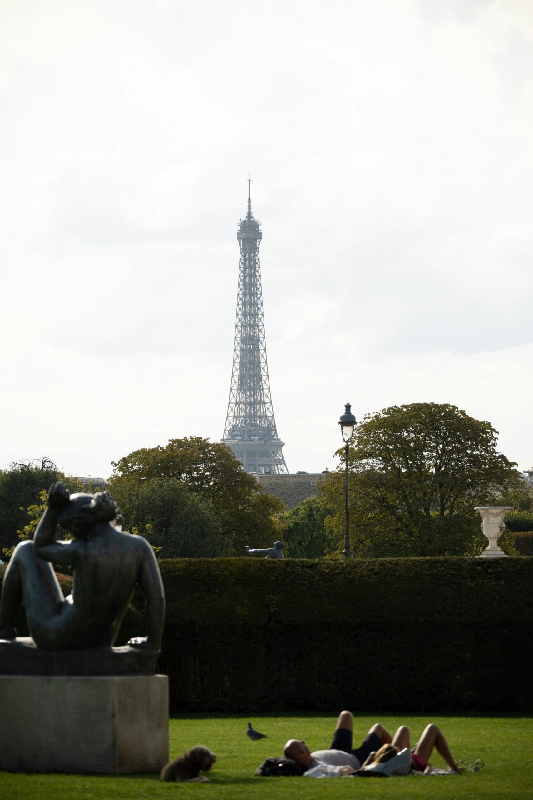 View of the Eiffel Tower from the Champ de Mars, surrounded by green meadows and people picnicking