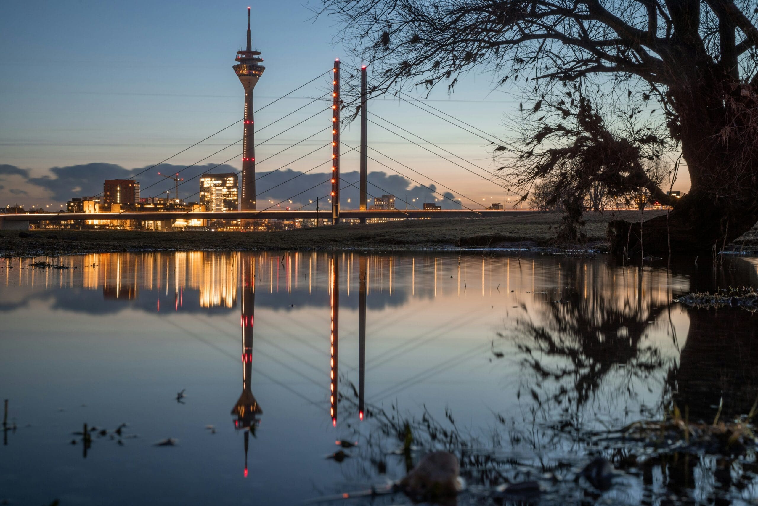 The Rhine Tower at night with its impressive light installation