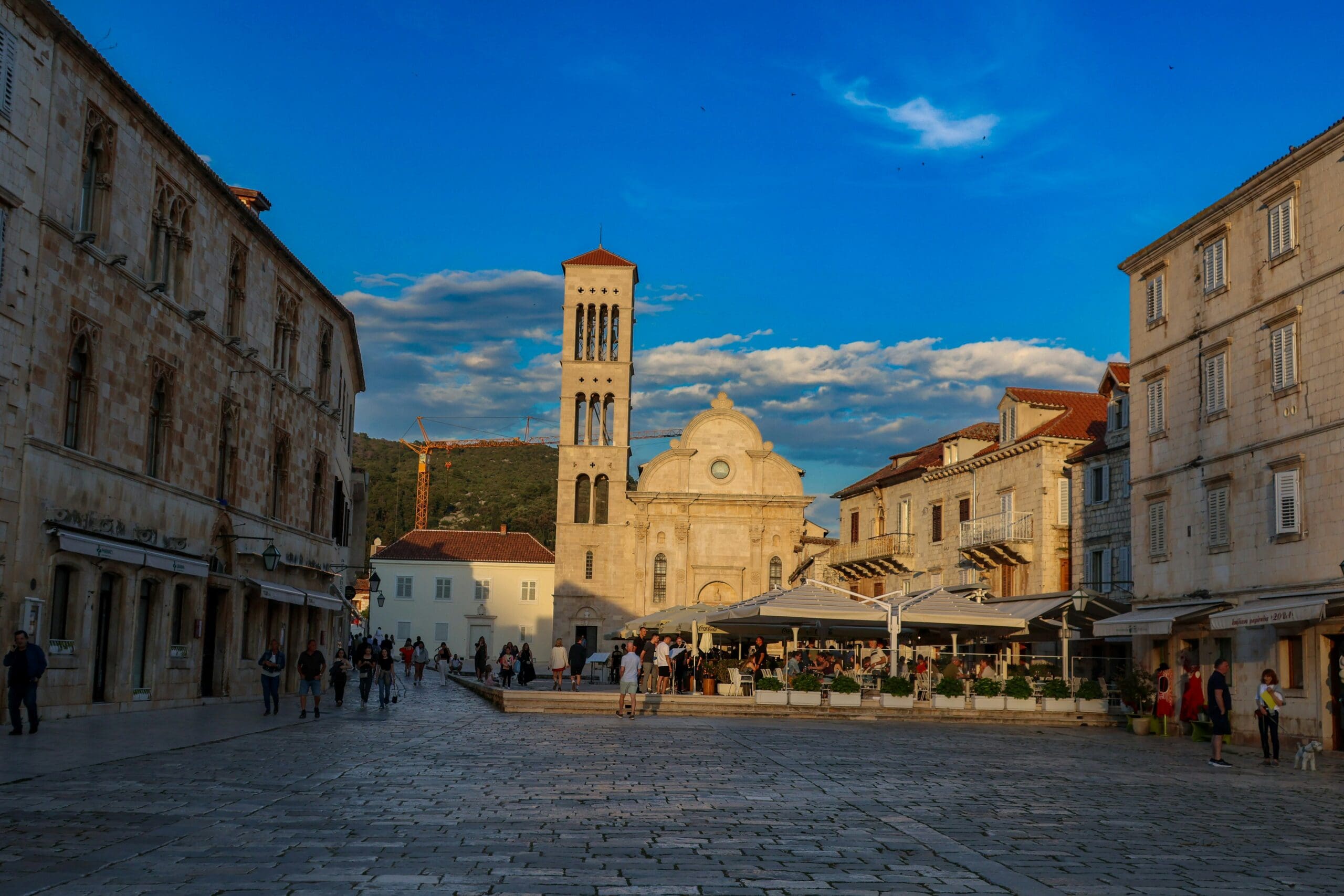 Panoramic view of Hvar's main square with the cathedral in the background