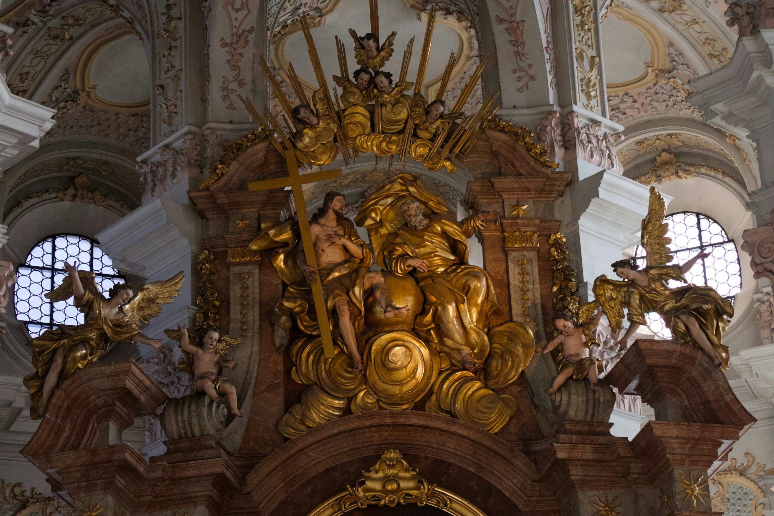 Detail view of a Baroque altar with gilded carvings